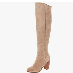 YDN Nude Round Toe Zipper Saddle Wide Calf Stacked Block Heel Knee High Boots